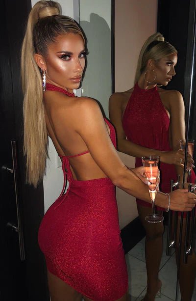Bodycon Dress Backless Halter Mini Dress Wine Red - Gorgeous Feather