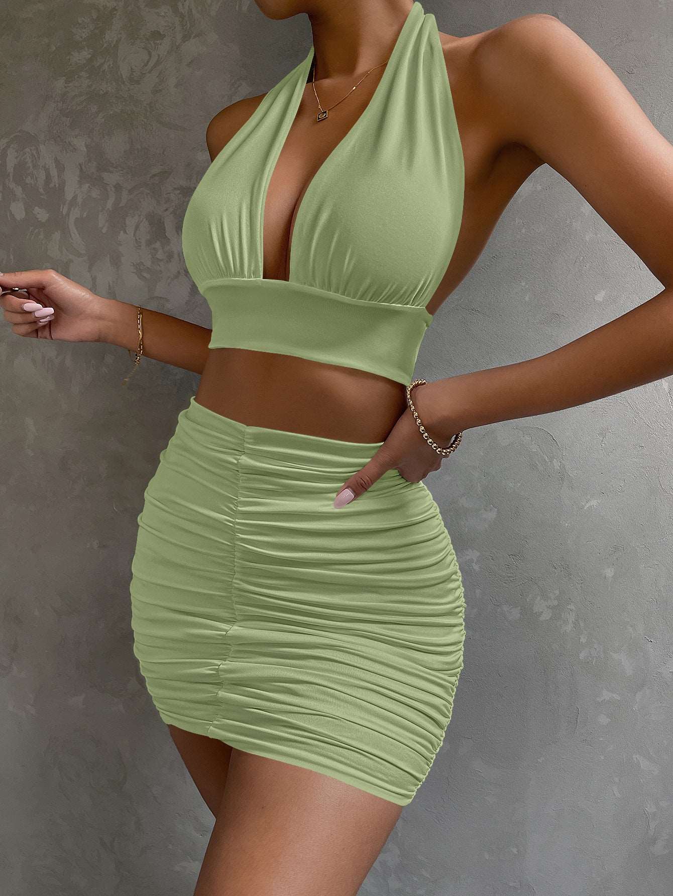 Bodycon Dress | Halter Top Pleated Mini Dress - Gorgeous Feather