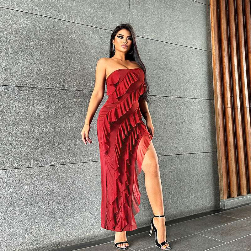 Bodycon Dress Tube Top Backless Split Tassel - Gorgeous Feather
