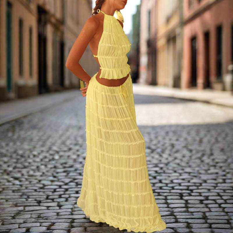 Maxi Dress | Halter Top Pleated Long Dress - Gorgeous Feather