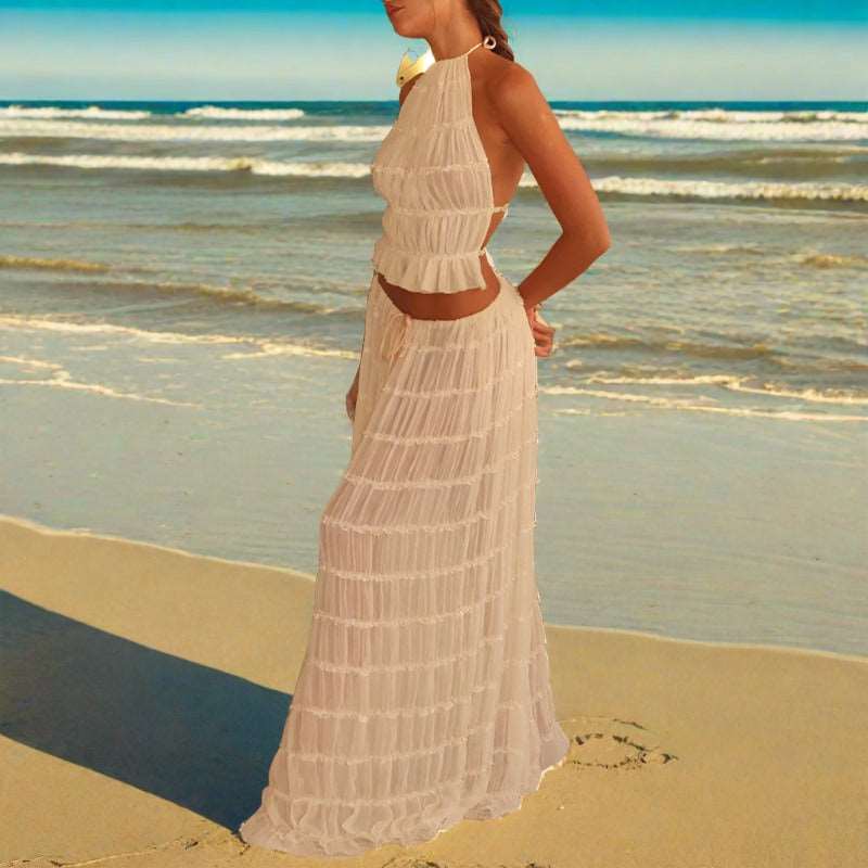 Maxi Dress | Halter Top Pleated Long Dress - Gorgeous Feather