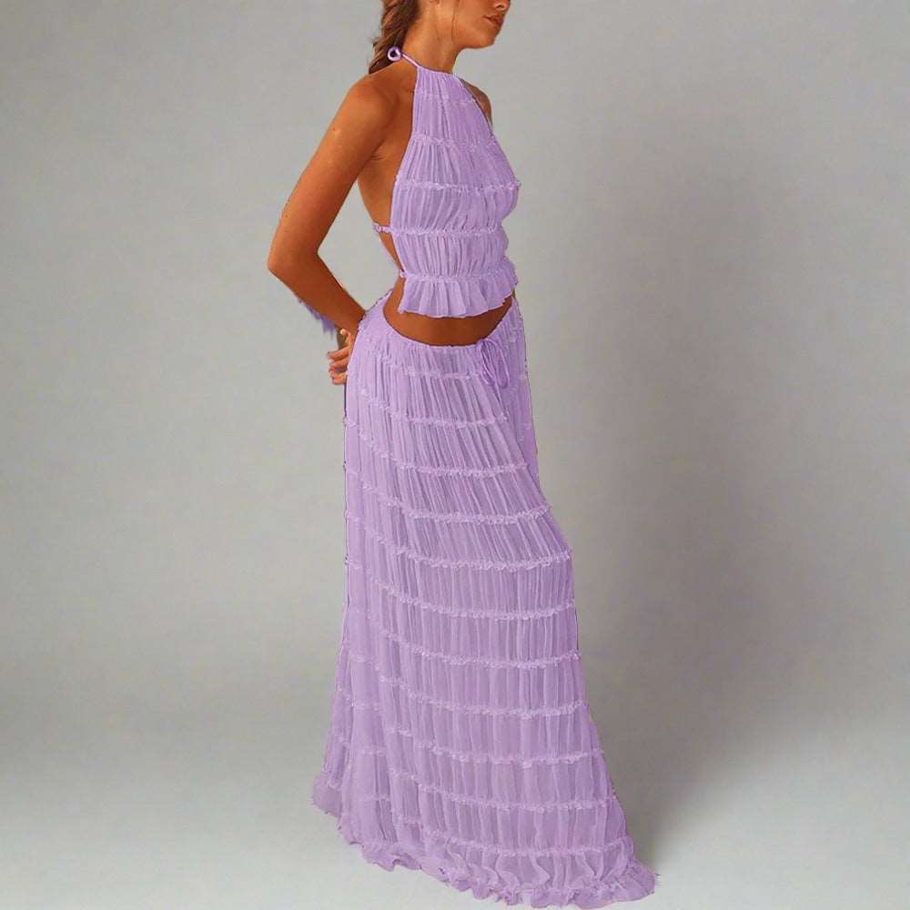 Maxi Dress | Halter Top Pleated Long Dress - Gorgeous Feather
