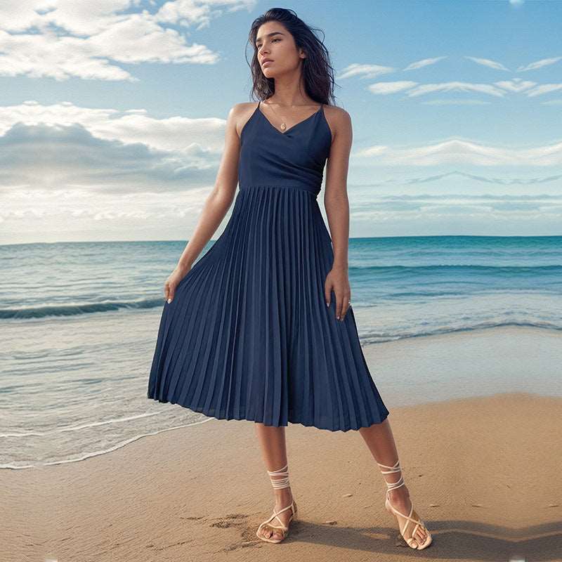 Midi Dress | Summer Sleeveless Sling Pleated Dress - Gorgeous Feather