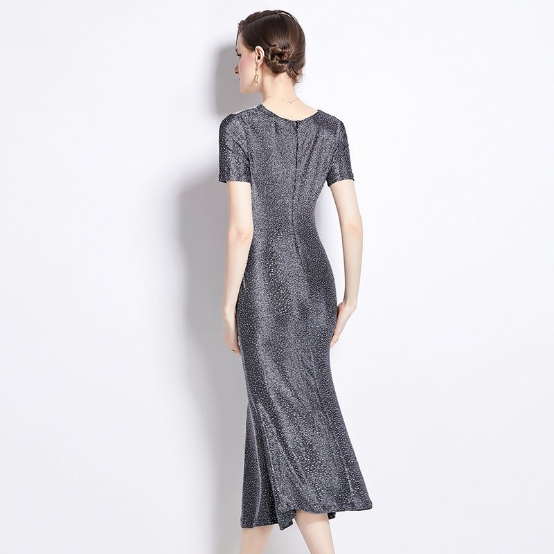 Midi Dress | V - neck Rhinestone Tight Waist - Gorgeous Feather