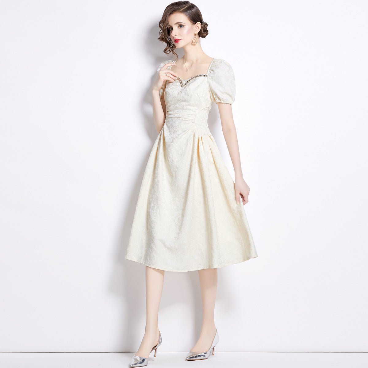 Midi Dress | White Puff Sleeve Square - Neck - Gorgeous Feather
