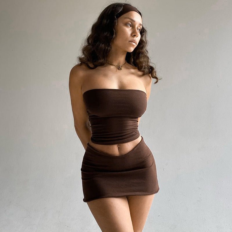 Mini Dress | Strapless Tube Top Two Pcs Set Brown - Gorgeous Feather