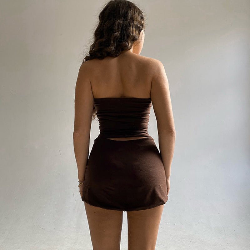 Mini Dress | Strapless Tube Top Two Pcs Set Brown - Gorgeous Feather