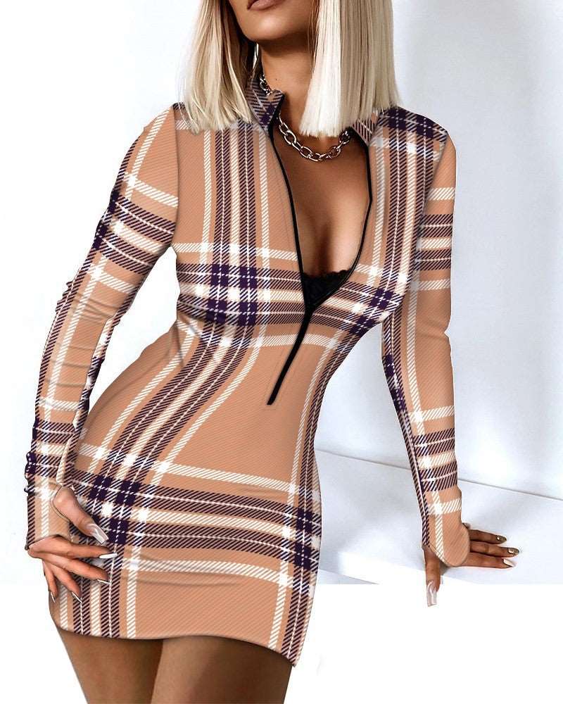 Mini Dress | V - neck Zipper Bag Hip Tight Dress - Gorgeous Feather