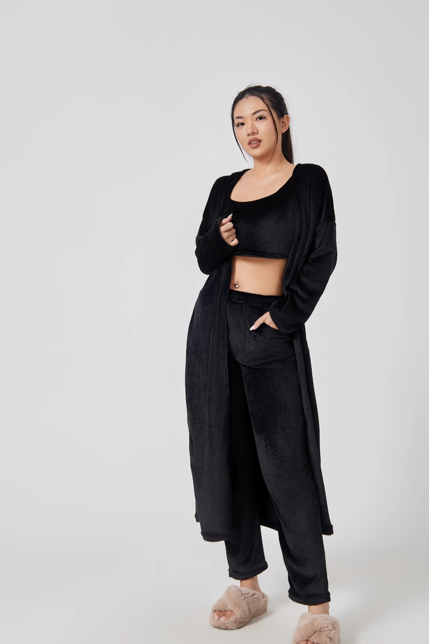 Pajama Set | Lounge Three Piece - Black - Gorgeous Feather