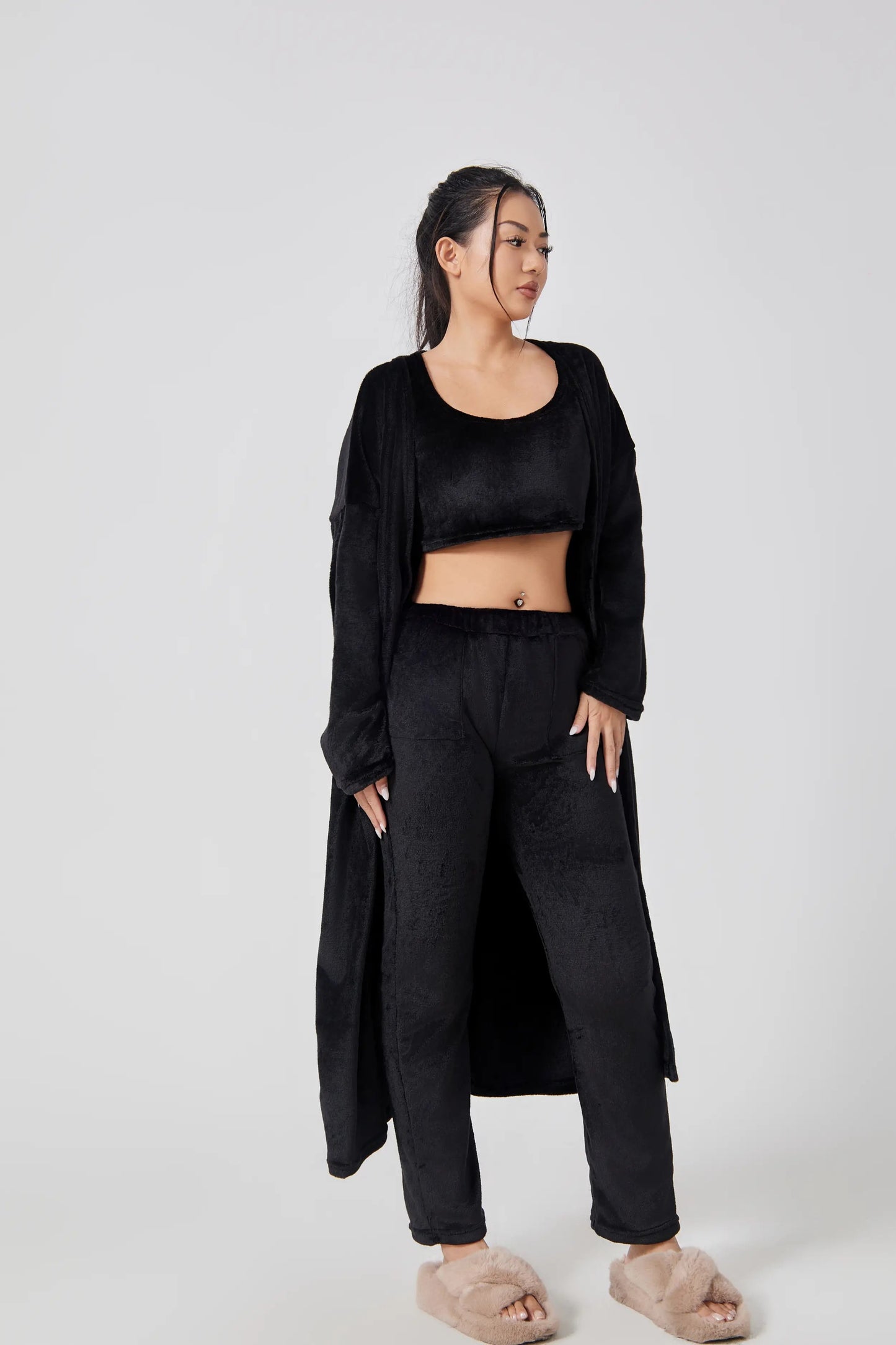 Pajama Set | Lounge Three Piece - Black - Gorgeous Feather