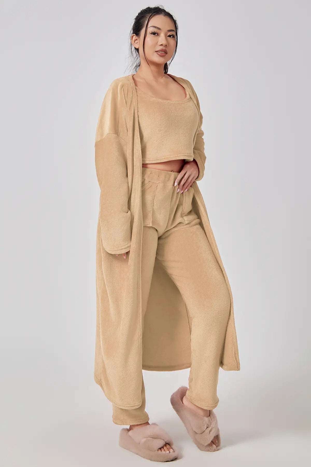 Pajama Set | Lounge Three Piece - Camel - Gorgeous Feather