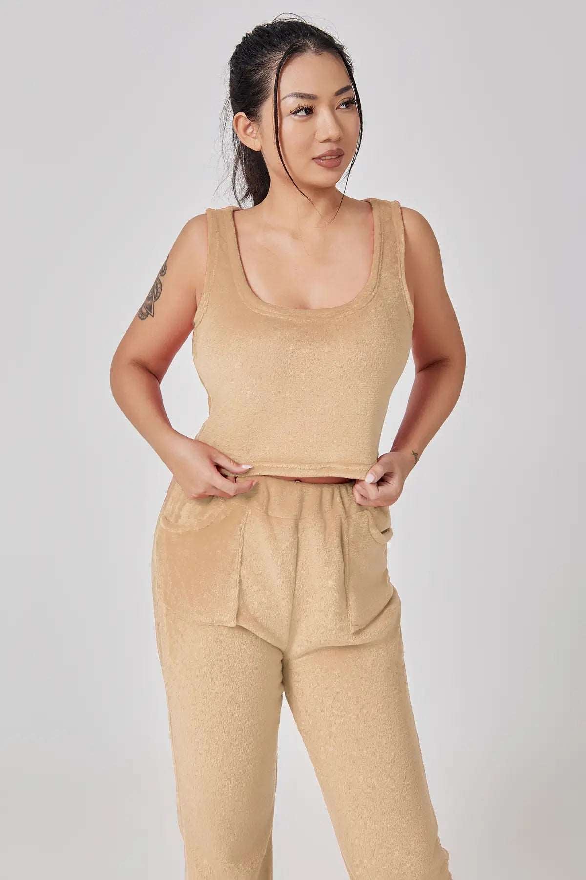 Pajama Set | Lounge Three Piece - Camel - Gorgeous Feather