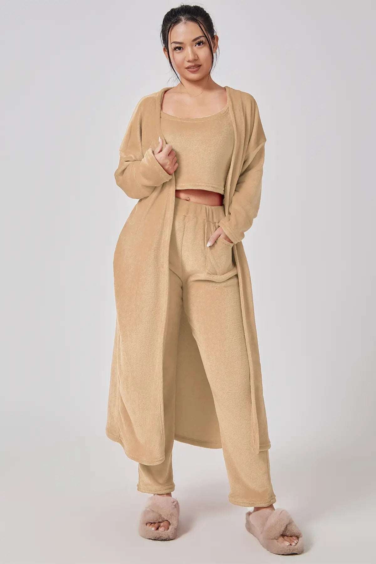 Pajama Set | Lounge Three Piece - Camel - Gorgeous Feather