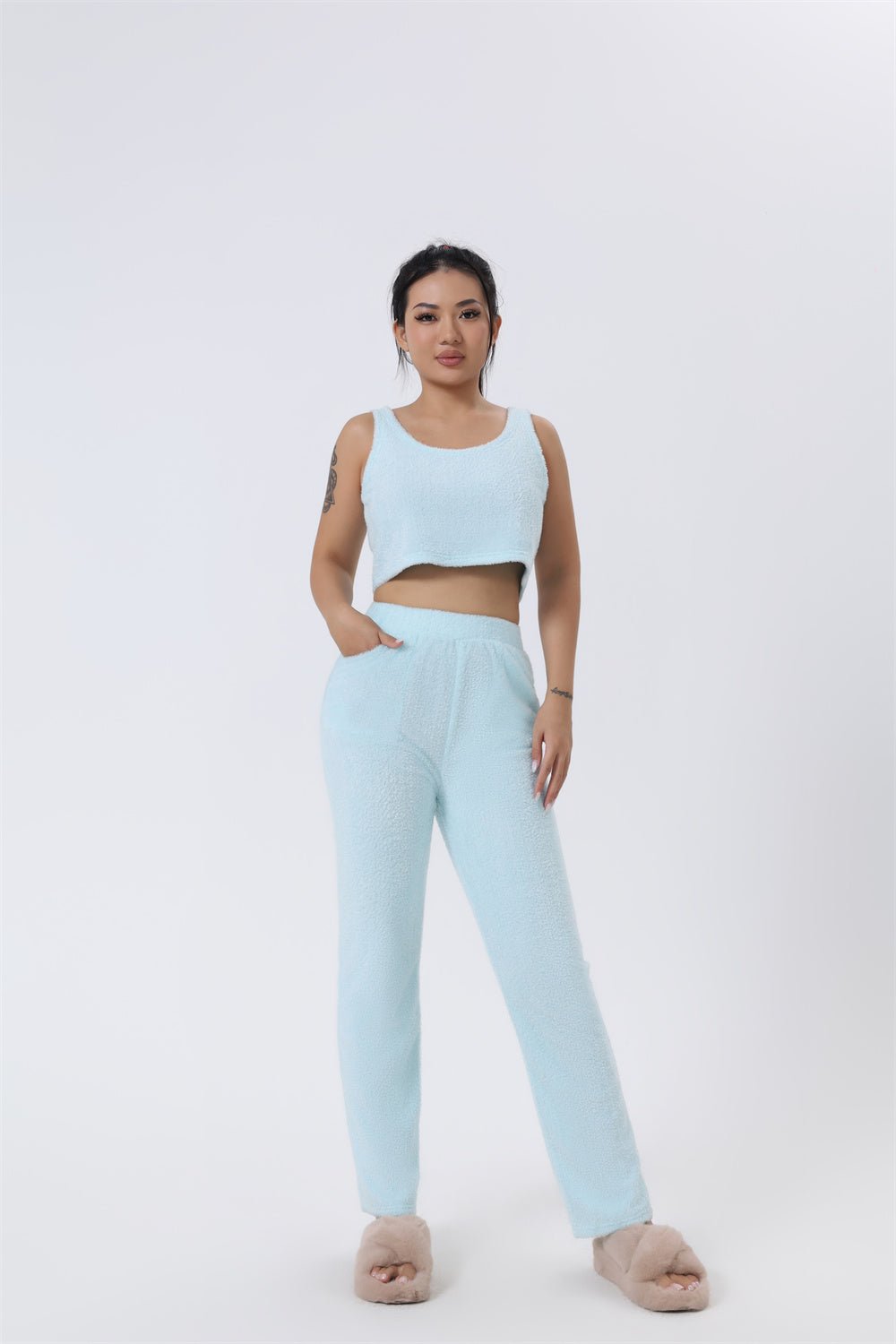 Pajama Set | Lounge Three Piece - Light Blue - Gorgeous Feather