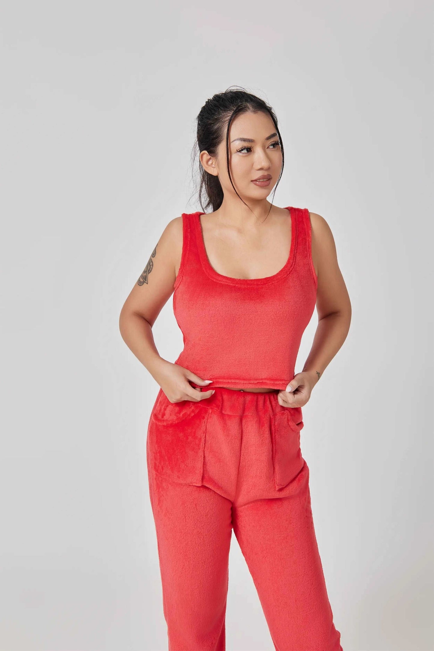 Pajama Set | Lounge Three Piece - Red - Gorgeous Feather