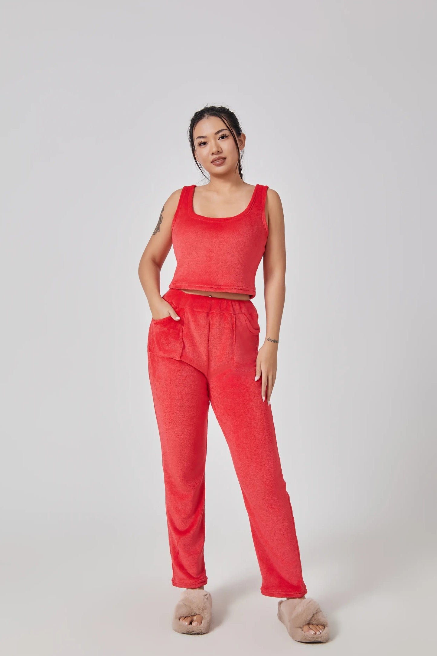 Pajama Set | Lounge Three Piece - Red - Gorgeous Feather