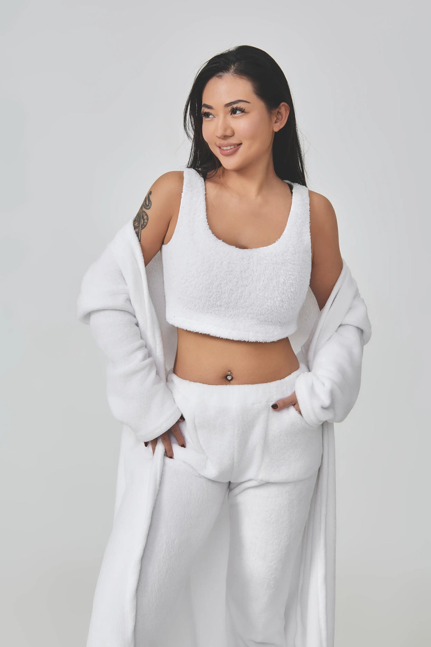 Pajama Set | Lounge Three Piece - White - Gorgeous Feather