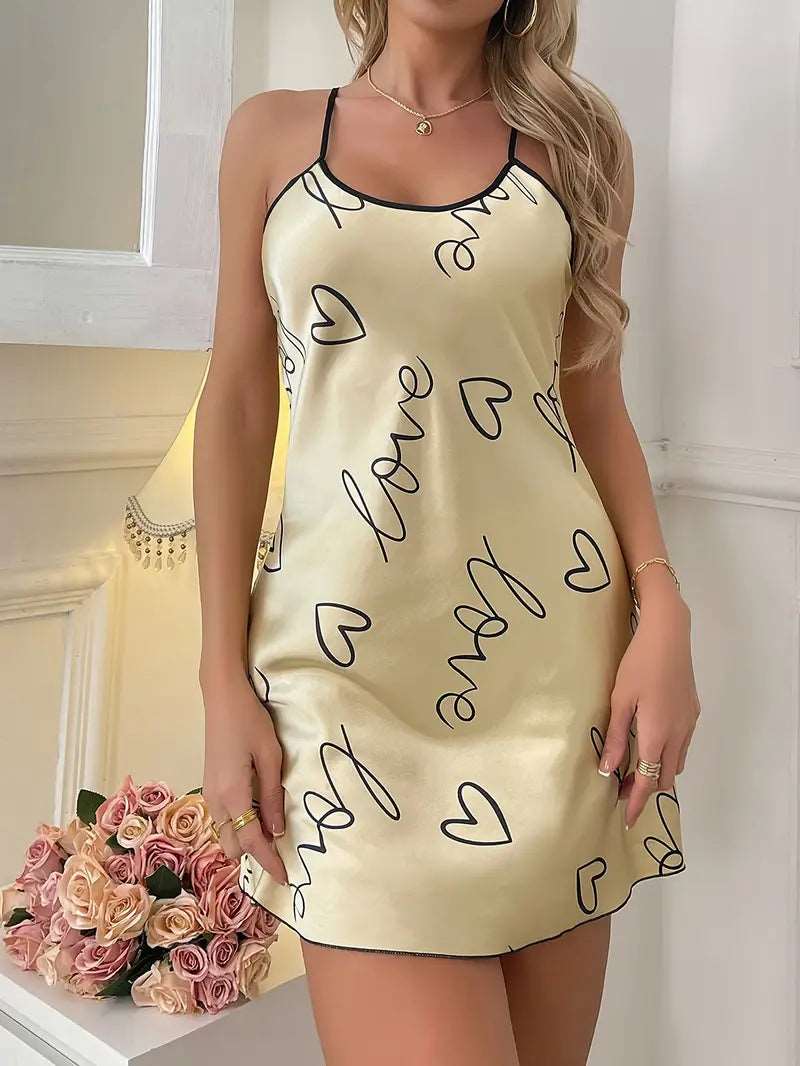 Pajama Set | Satin Slip Dress Night Dress Love Gold - Gorgeous Feather