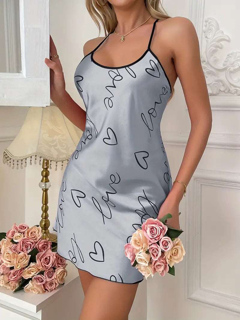 Pajama Set | Satin Slip Dress Night Dress Love Gray - Gorgeous Feather