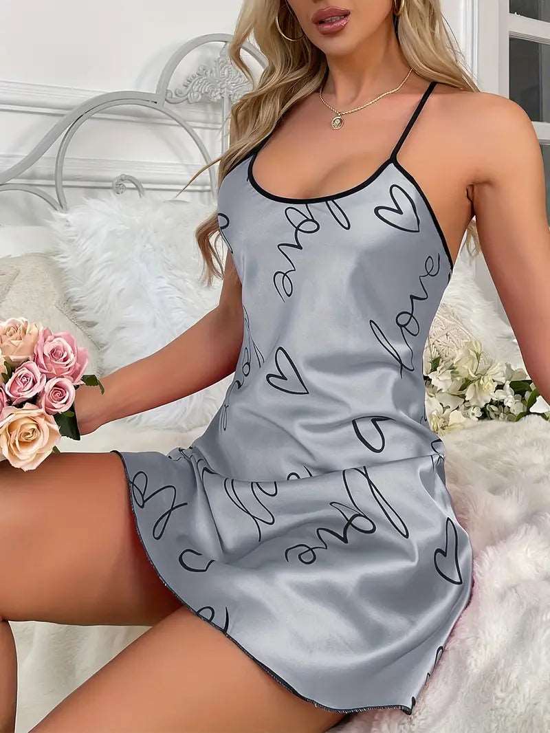 Pajama Set | Satin Slip Dress Night Dress Love Gray - Gorgeous Feather