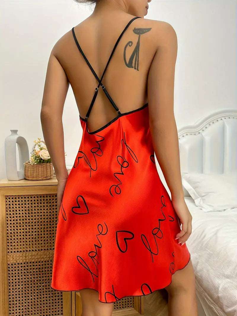 Pajama Set | Satin Slip Dress Night Dress Love Red - Gorgeous Feather