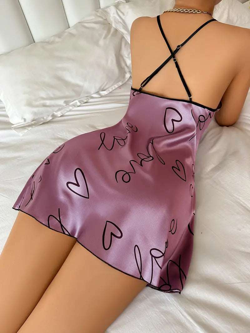 Pajama Set | Satin Slip Night Dress Love Purple - Gorgeous Feather