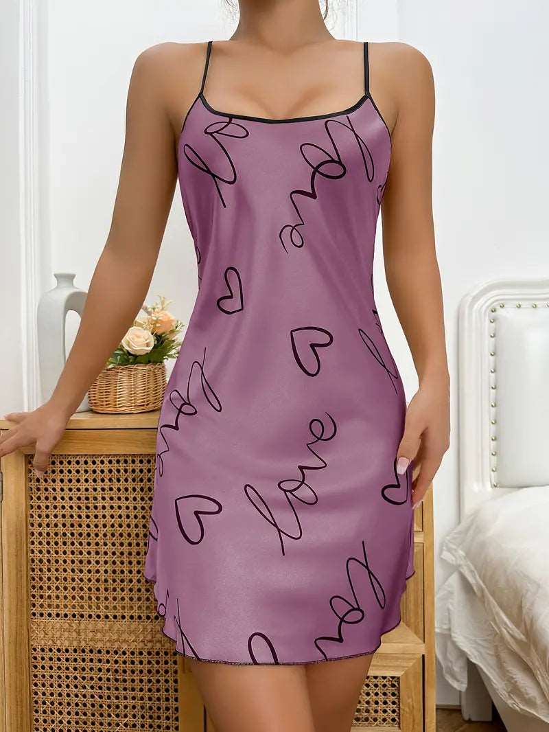 Pajama Set | Satin Slip Night Dress Love Purple - Gorgeous Feather