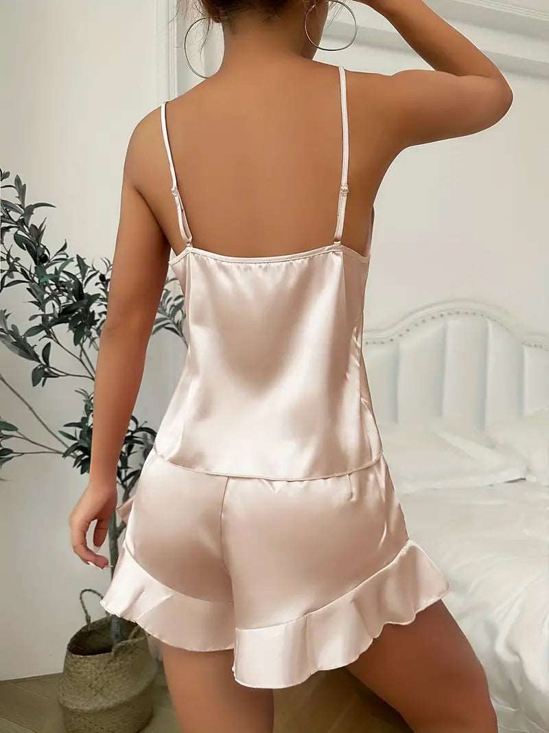 Pajama Set | Silky Satin Three pcs Set Champagne - Gorgeous Feather