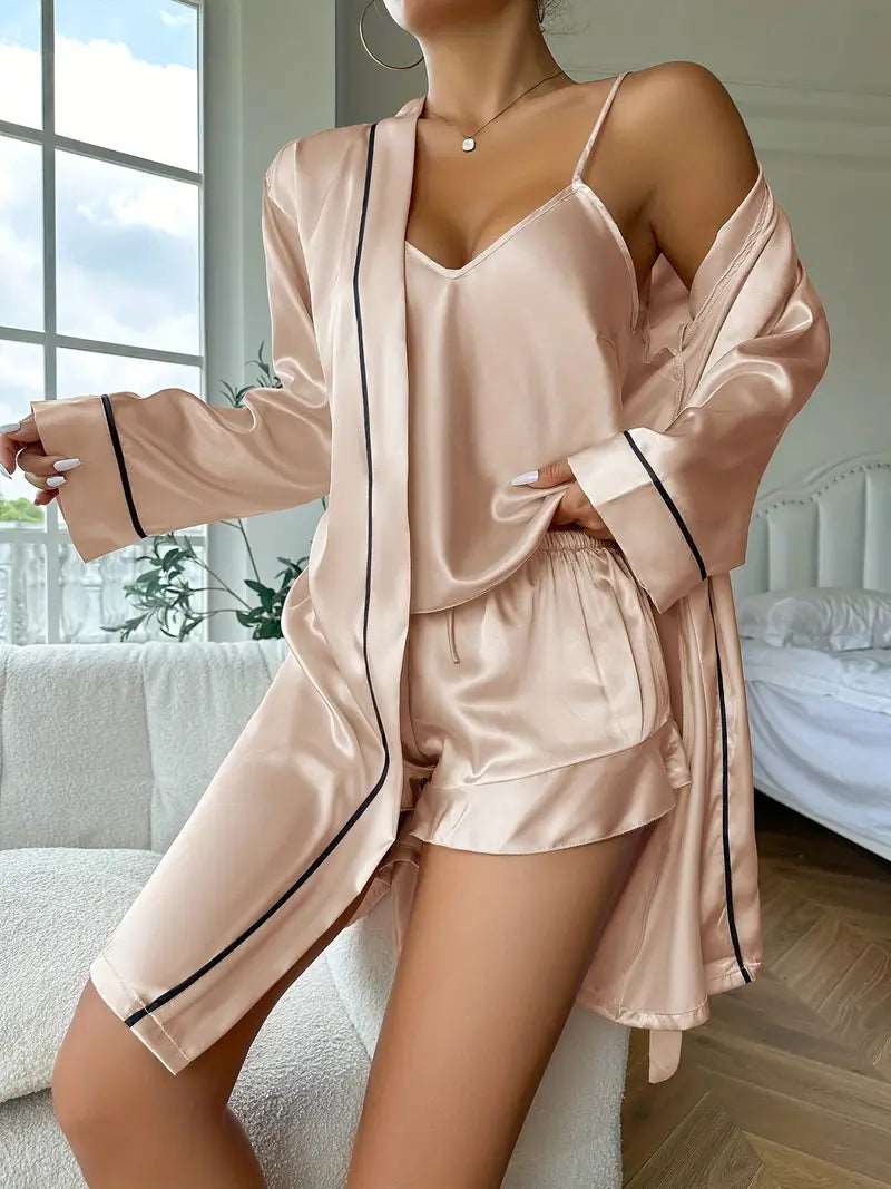 Pajama Set | Silky Satin Three pcs Set Champagne - Gorgeous Feather