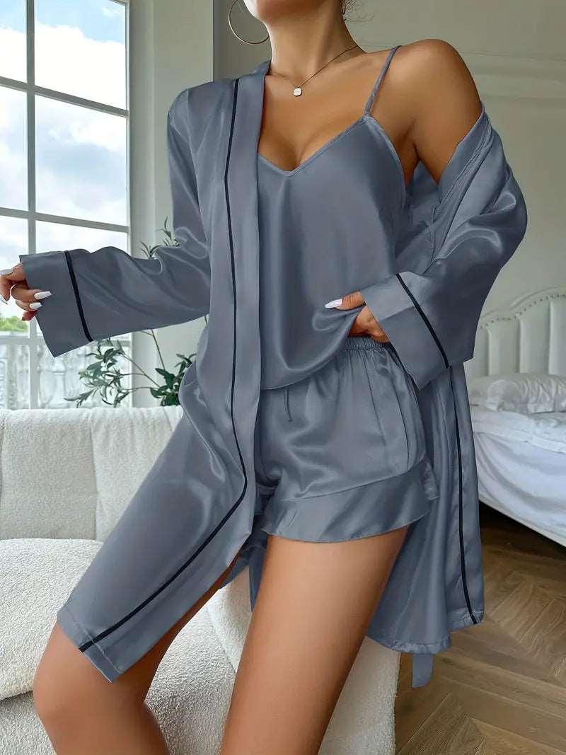 Pajama Set | Silky Satin Three pcs Set Grey - Gorgeous Feather