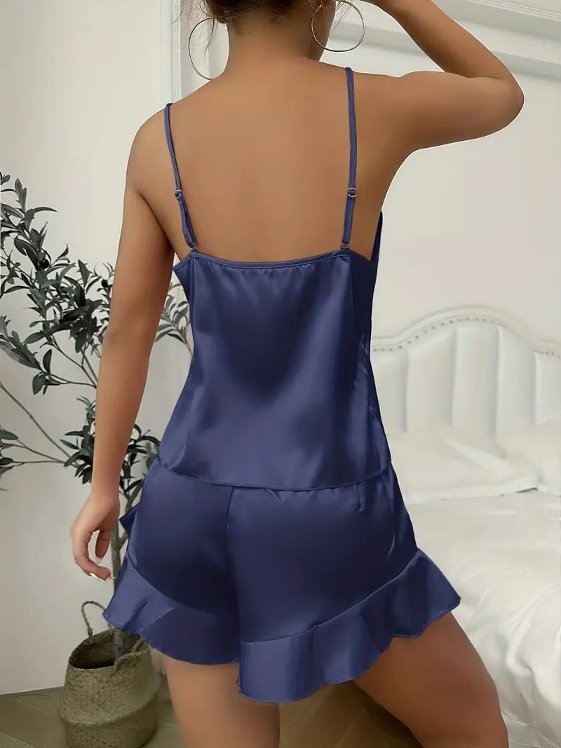 Pajama Set | Silky Satin Three pcs Set Navy Blue - Gorgeous Feather