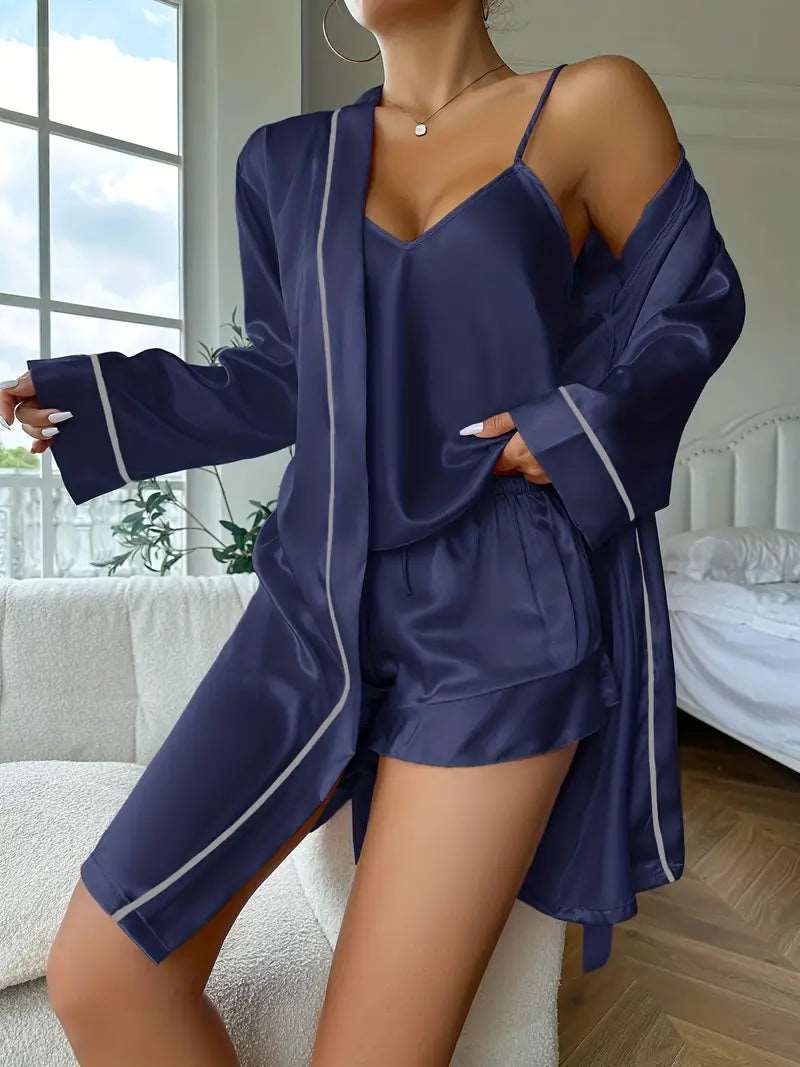 Pajama Set | Silky Satin Three pcs Set Navy Blue - Gorgeous Feather