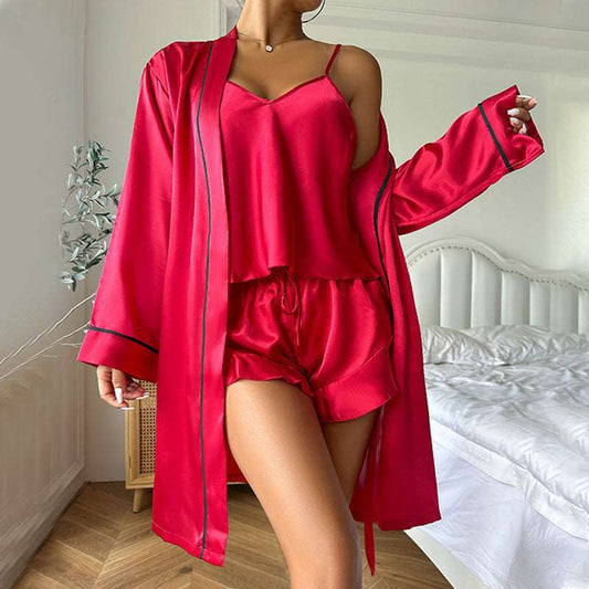 Pajama Set | Silky Satin Three pcs Set Red - Gorgeous Feather