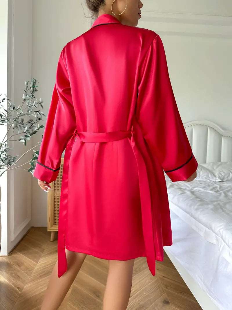Pajama Set | Silky Satin Three pcs Set Red - Gorgeous Feather
