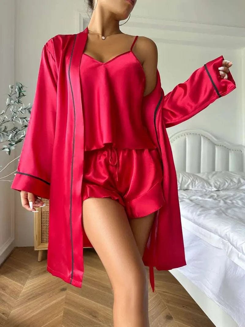 Pajama Set | Silky Satin Three pcs Set Red - Gorgeous Feather