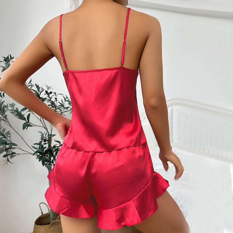 Pajama Set | Silky Satin Three pcs Set Red - Gorgeous Feather