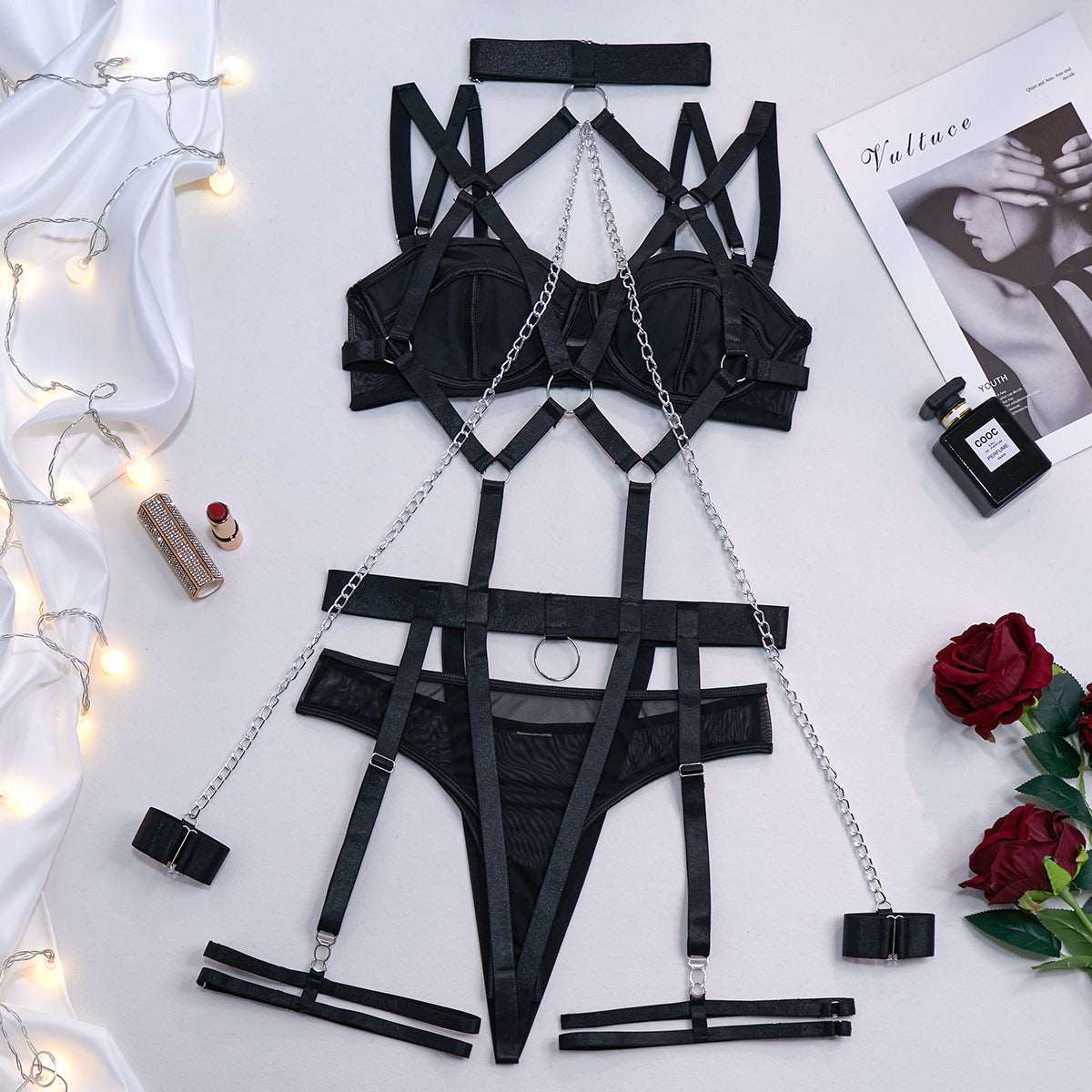 Sexy Lingerie | Four Piece Lingerie Set Black - Gorgeous Feather