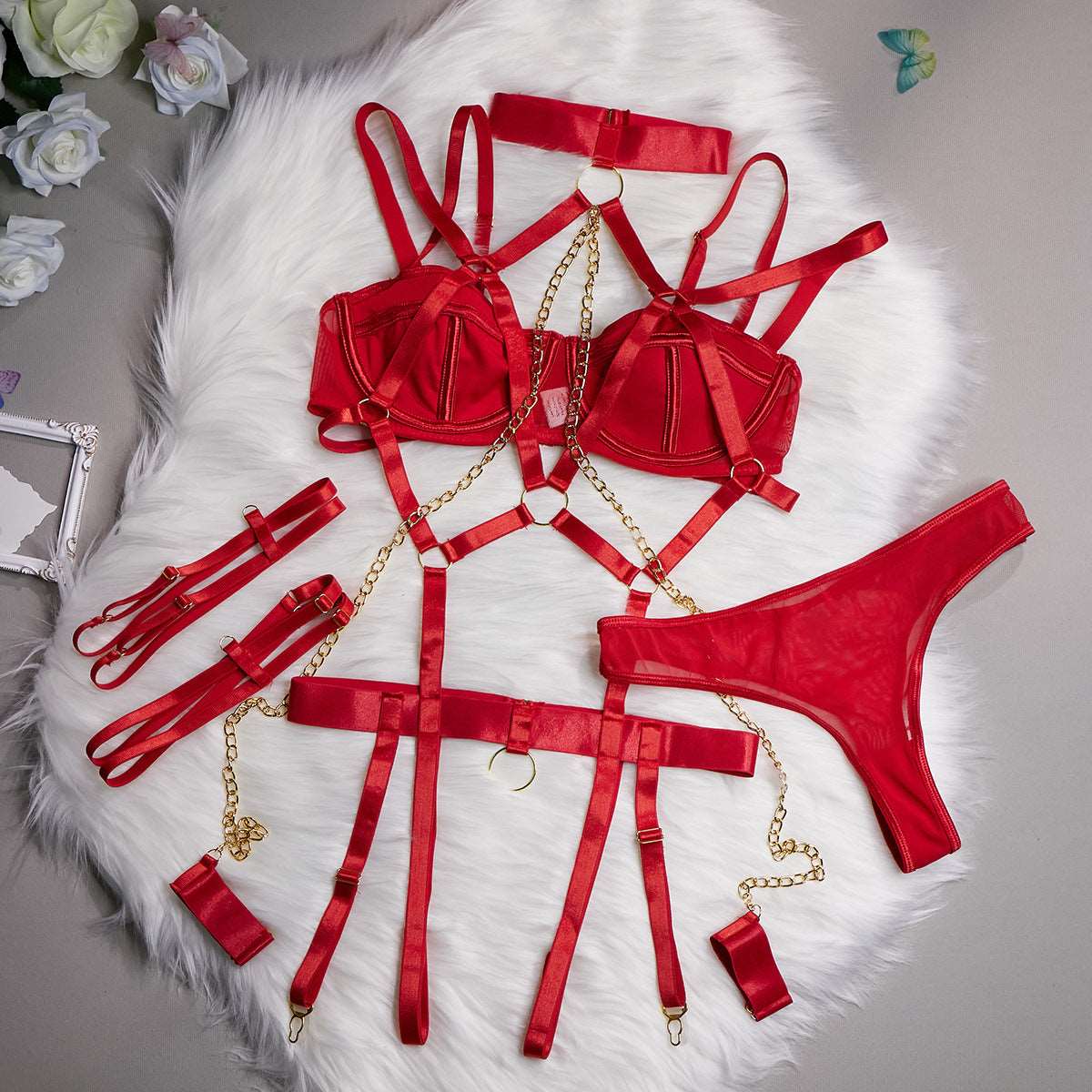 Sexy Lingerie | Four Piece Lingerie Set Red - Gorgeous Feather