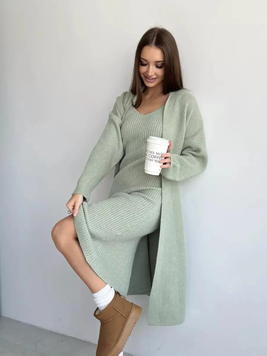 Winter Dress Knitted Long Sleeve Dress Cardigan Set - Gorgeous Feather