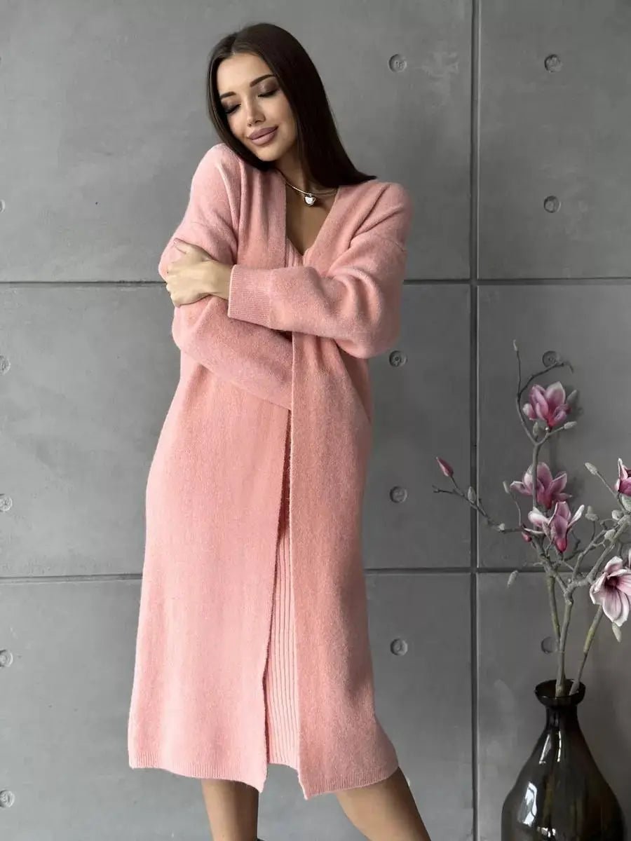 Winter Dress Knitted Long Sleeve Dress Cardigan Set - Gorgeous Feather