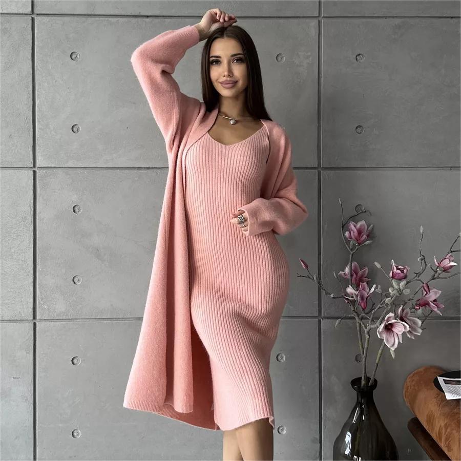 Winter Dress Knitted Long Sleeve Dress Cardigan Set - Gorgeous Feather