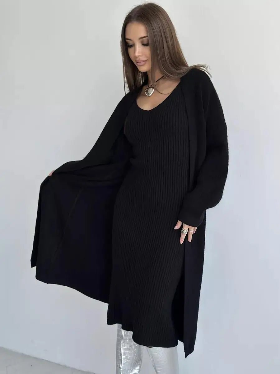 Winter Dress Knitted Long Sleeve Dress Cardigan Set - Gorgeous Feather