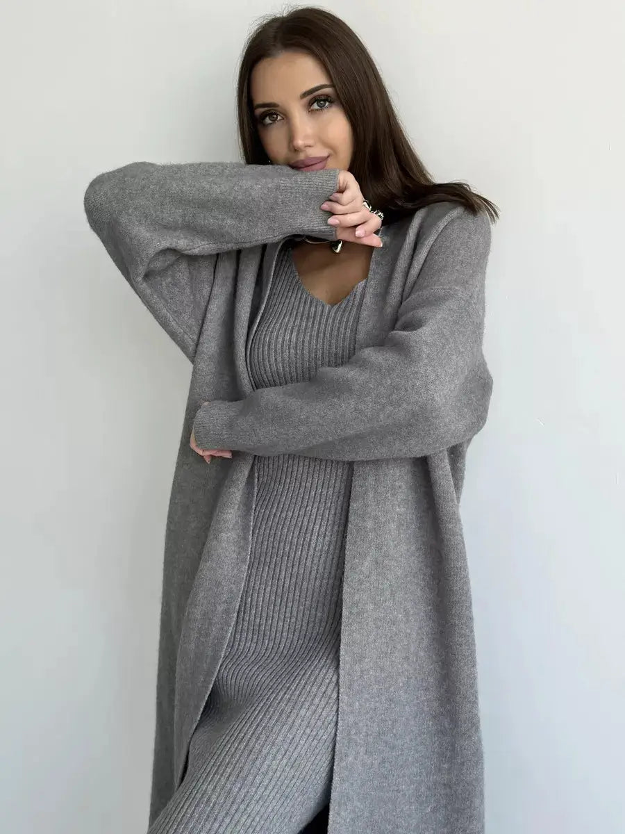 Winter Dress Knitted Long Sleeve Dress Cardigan Set - Gorgeous Feather