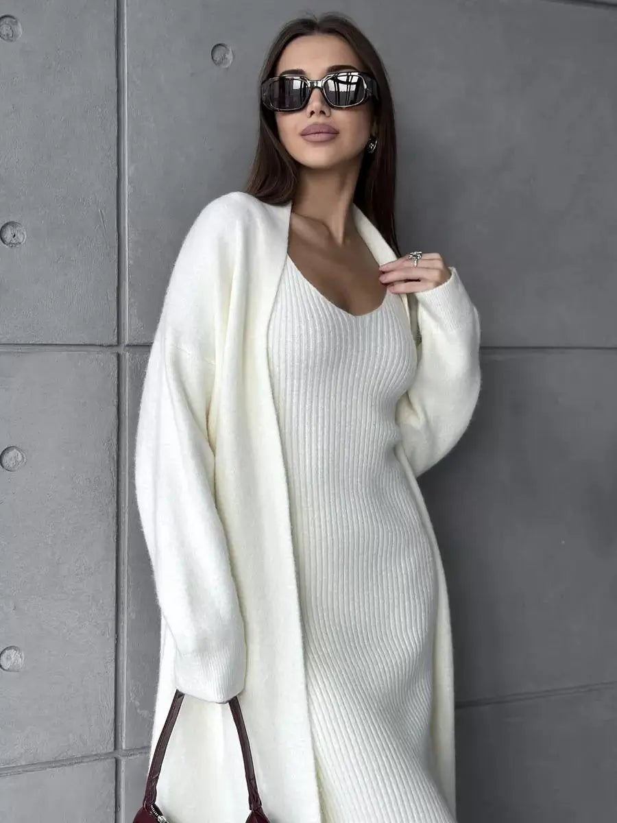 Winter Dress Knitted Long Sleeve Dress Cardigan Set - Gorgeous Feather