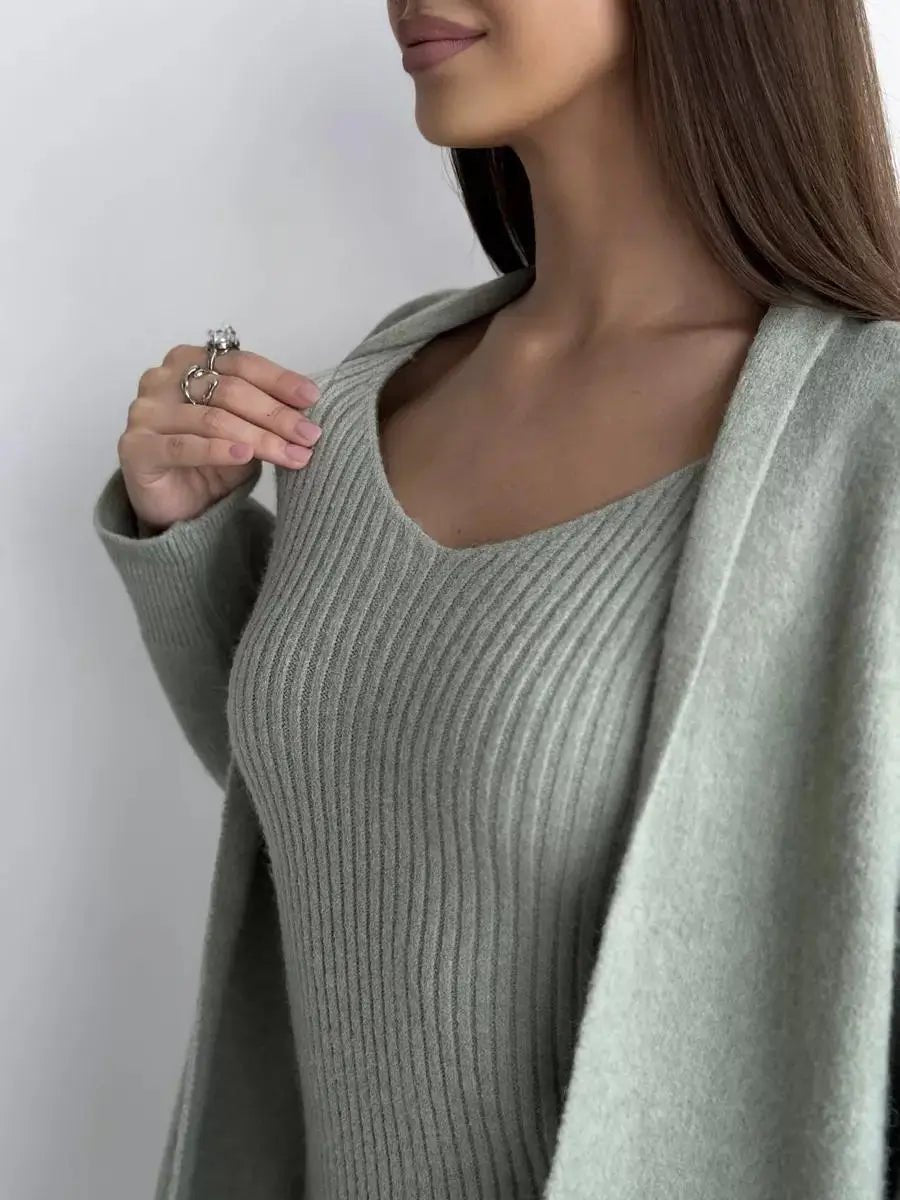 Winter Dress Knitted Long Sleeve Dress Cardigan Set - Gorgeous Feather