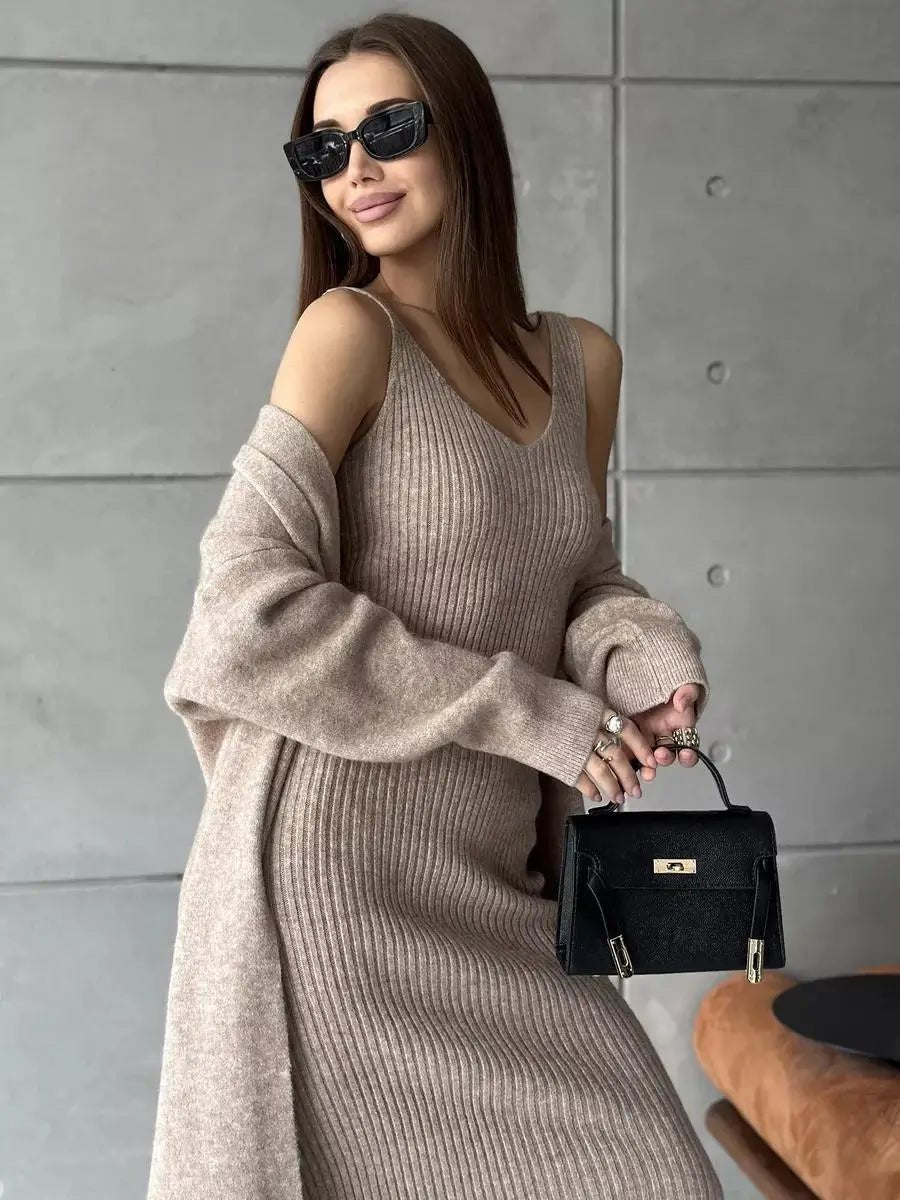 Winter Dress Knitted Long Sleeve Dress Cardigan Set - Gorgeous Feather