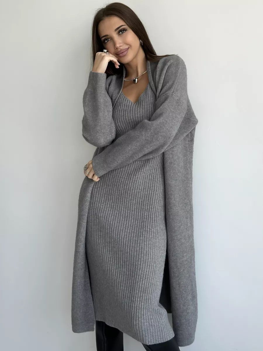 Winter Dress Knitted Long Sleeve Dress Cardigan Set - Gorgeous Feather