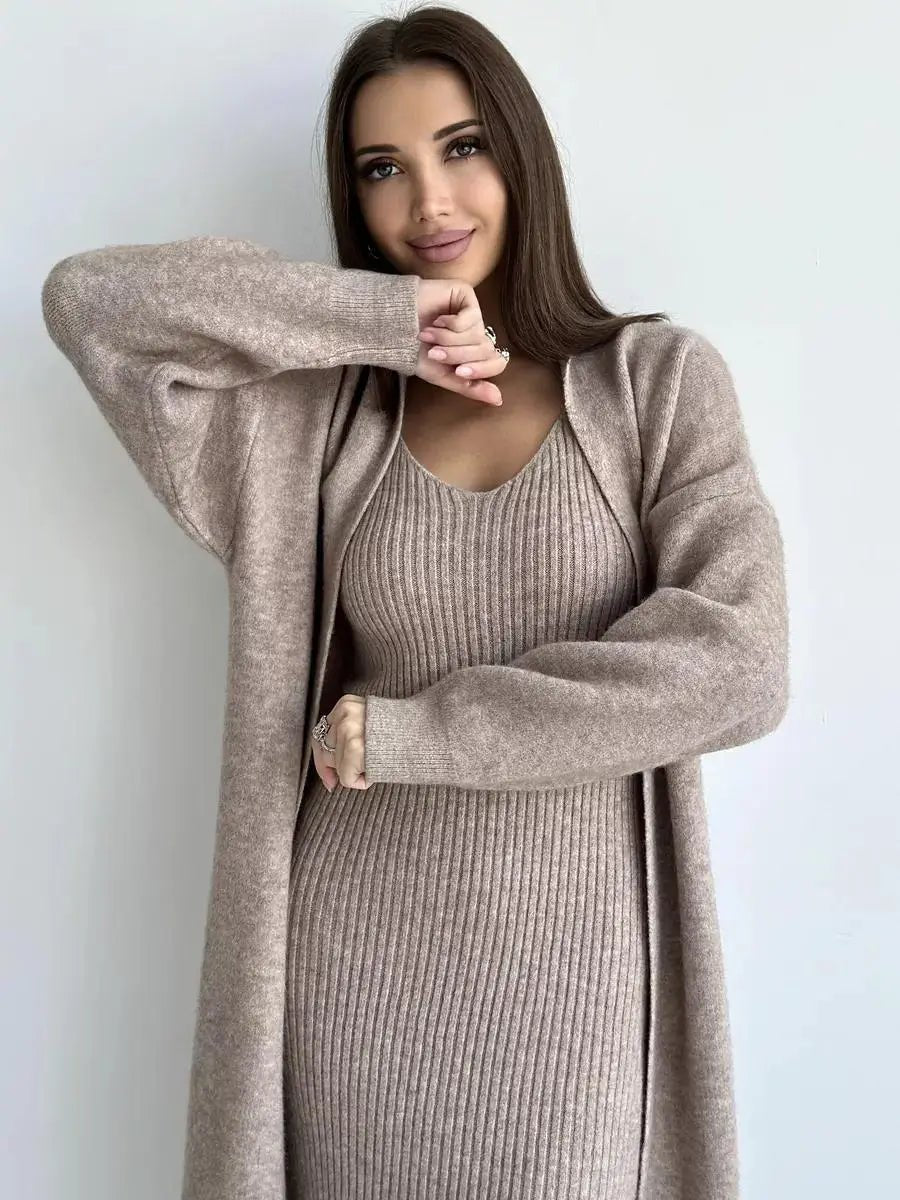 Winter Dress Knitted Long Sleeve Dress Cardigan Set - Gorgeous Feather