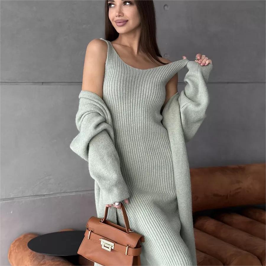 Winter Dress Knitted Long Sleeve Dress Cardigan Set - Gorgeous Feather