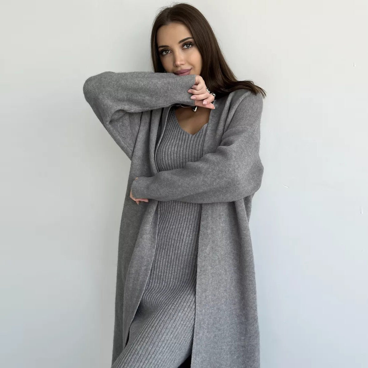 Winter Dress Knitted Long Sleeve Dress Cardigan Set - Gorgeous Feather